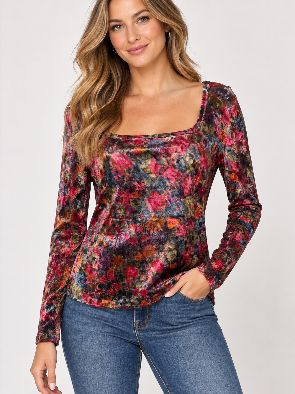 Natural Life Womens Velour Velvet Top Size M Pink Blue Floral Long Sleeve NWT